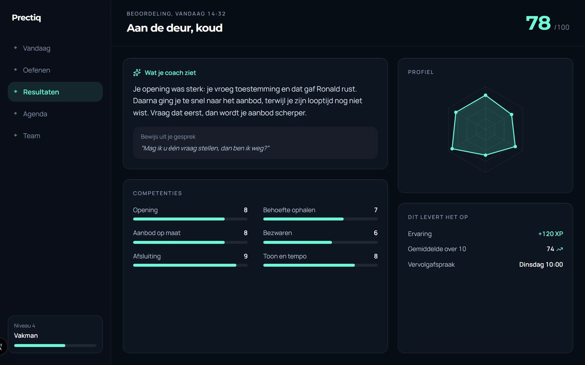De beoordeling: samenvatting van de coach, cijfers per competentie en een profielradar.